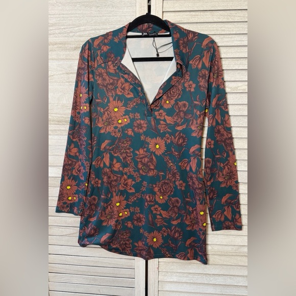 Zara Floral Long Sleeve Mini Dress - Green and Brown. NWOT. Boho. Poly/Stretch - Picture 9 of 11